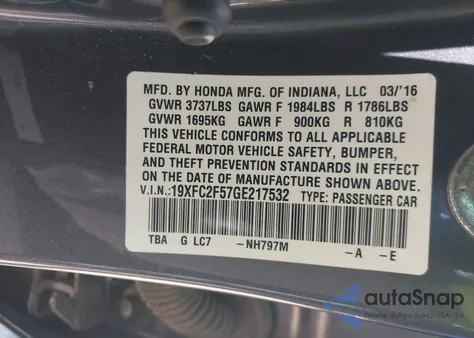 2016 Honda Civic Lx z USA, uszkodzony, nr VIN 19XFC2F57GE217532
